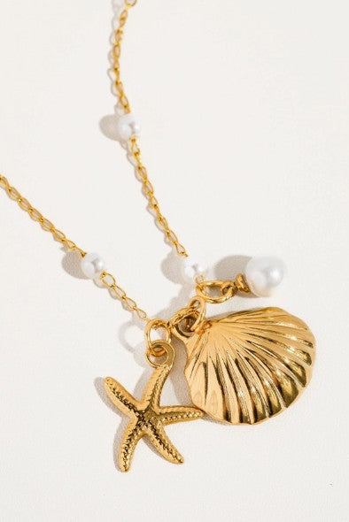 Capella 18K Fold Seashell Sea Star Pearl Necklace