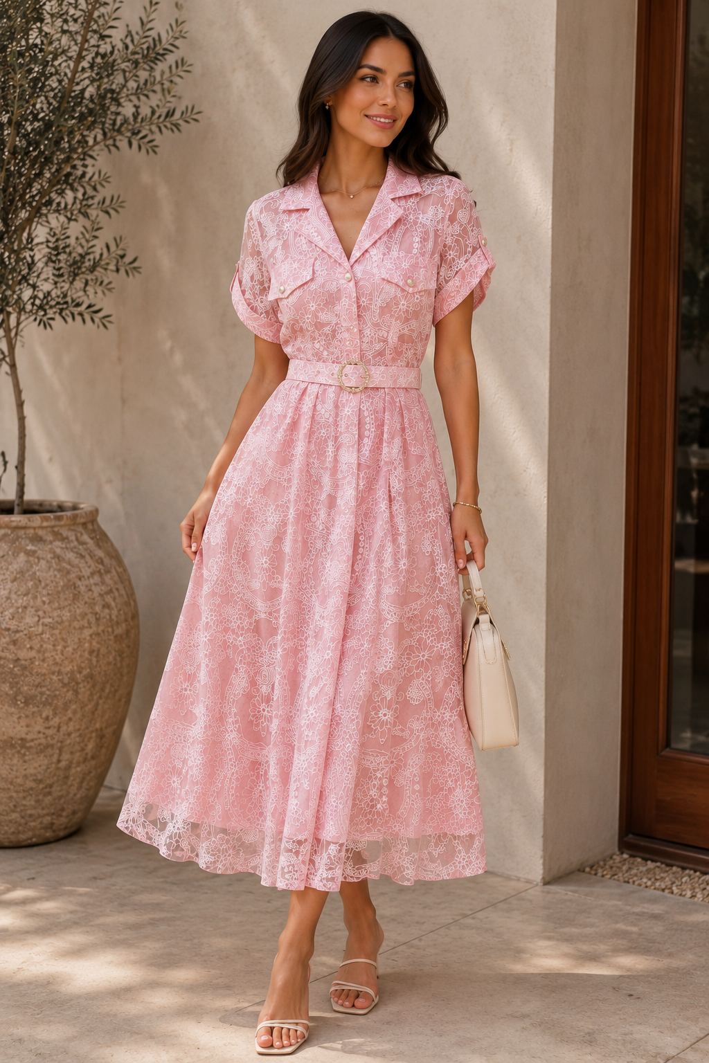 Pearls and Pink Sheer Button Up Dress