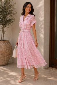 Pearls and Pink Sheer Button Up Dress
