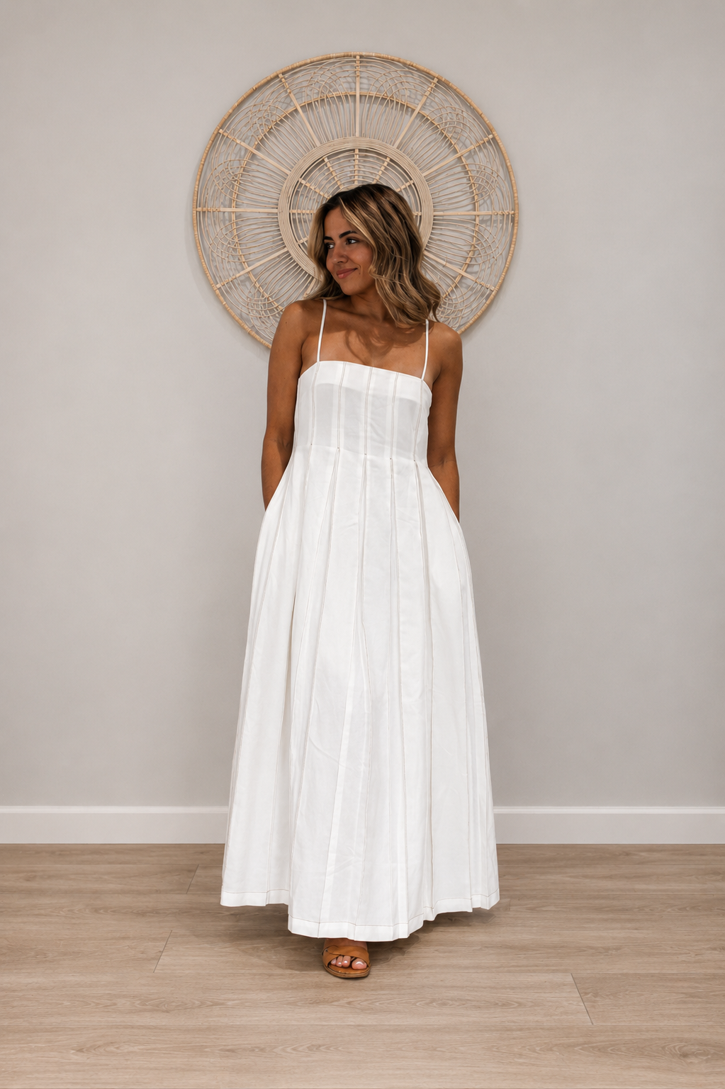 Crème Pleated Maxi Dress