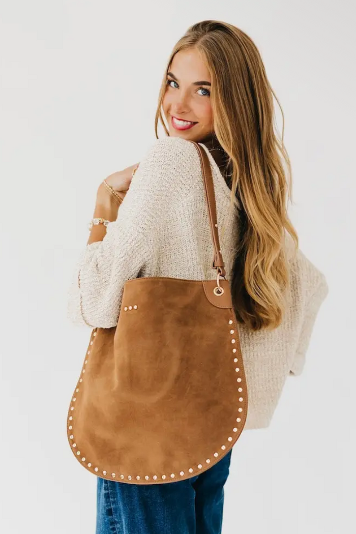 Sedona Camel Studded Suede Hobo