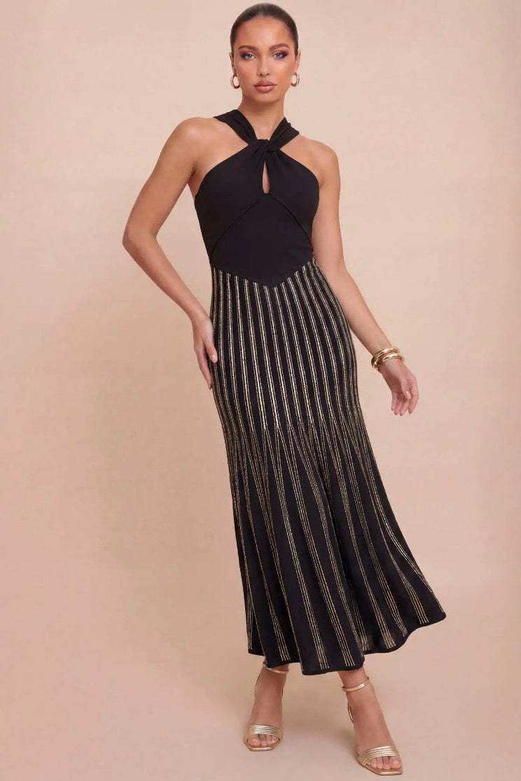 Midnight Glimmer Halter Dress