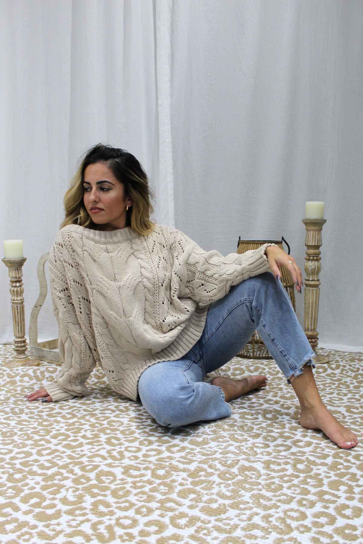 Off Shoulder Cable Knit Oversized Sweater