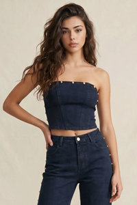Midnight Strapless Studded Denim Pant Set