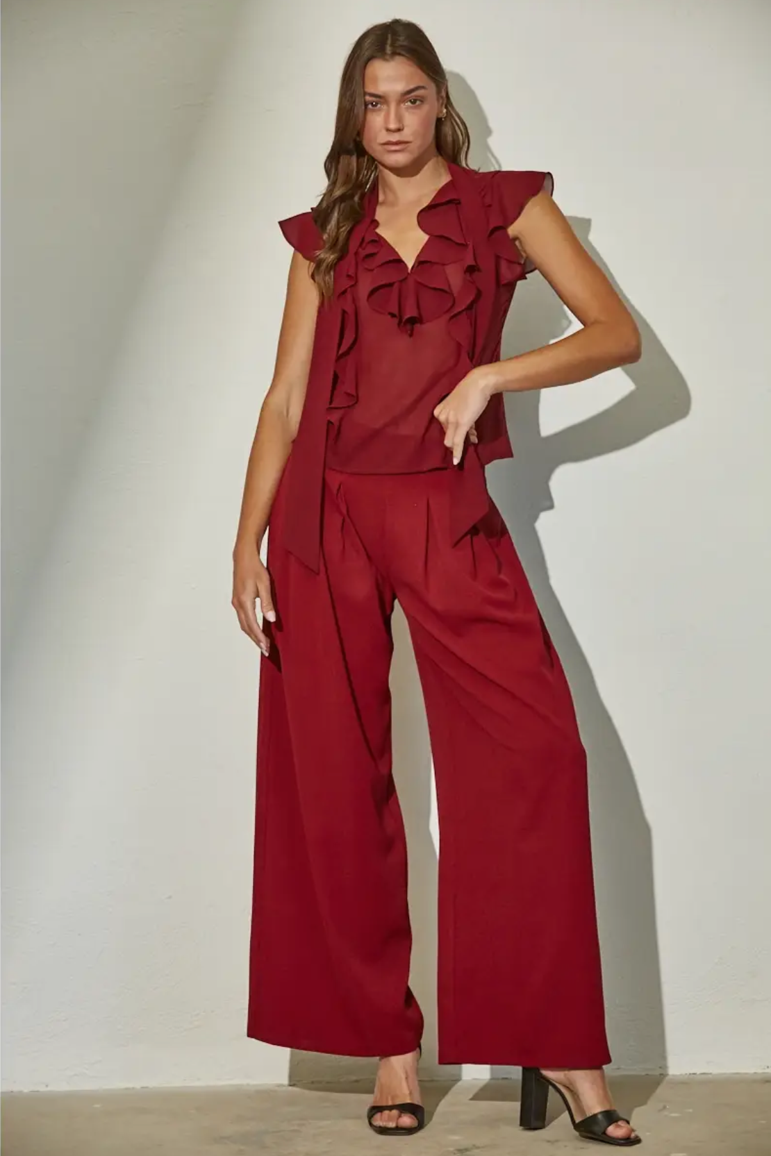 Burgundy Sheer Ruffle Blouse