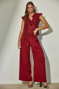 Burgundy Sheer Ruffle Blouse