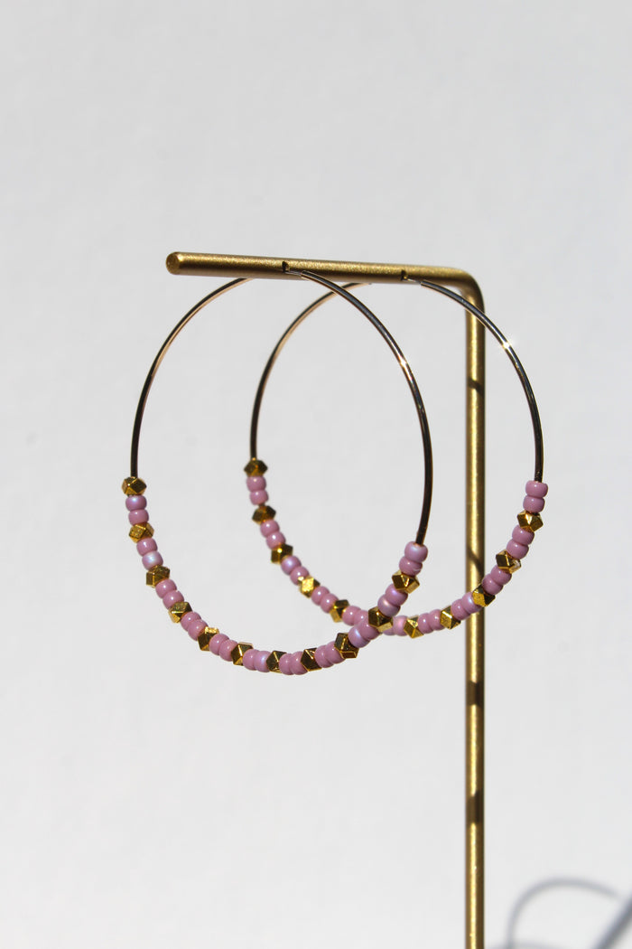 Lavender Beaded Gold Hoops
