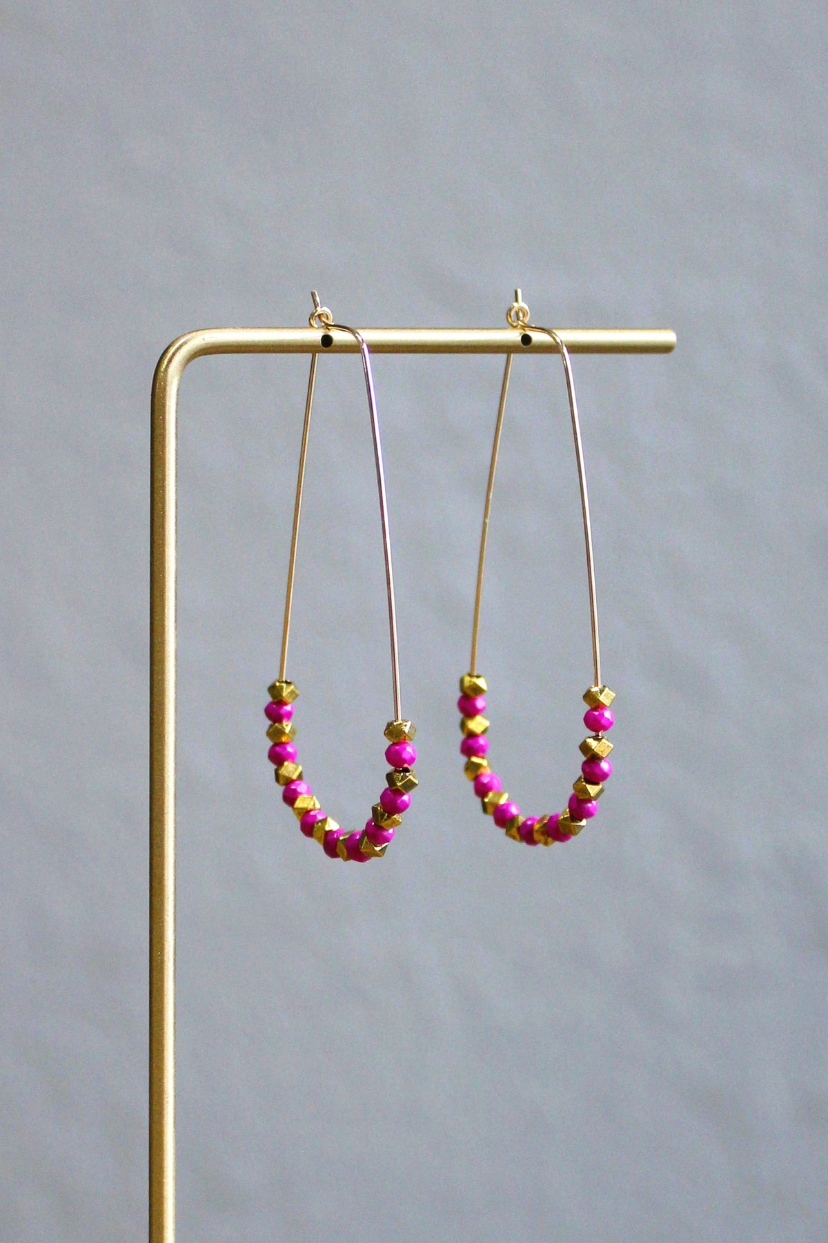 Fushia & Gold Bead Teardrop Hoops