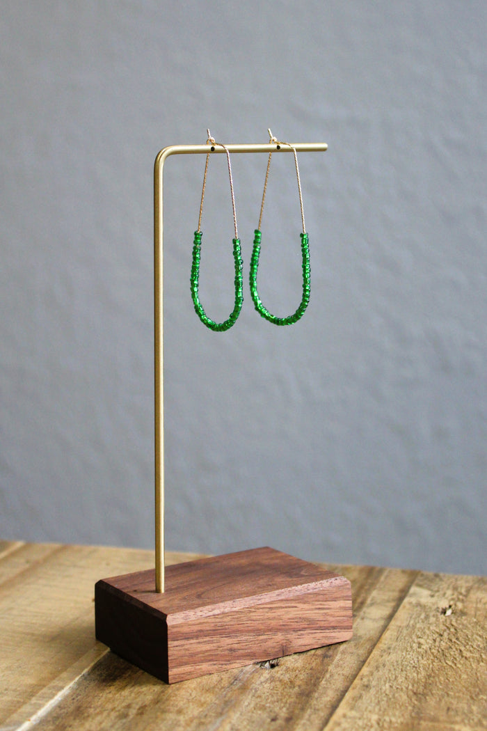 Grass Green Bead Sparkle Large Gold Teardrop Hoops