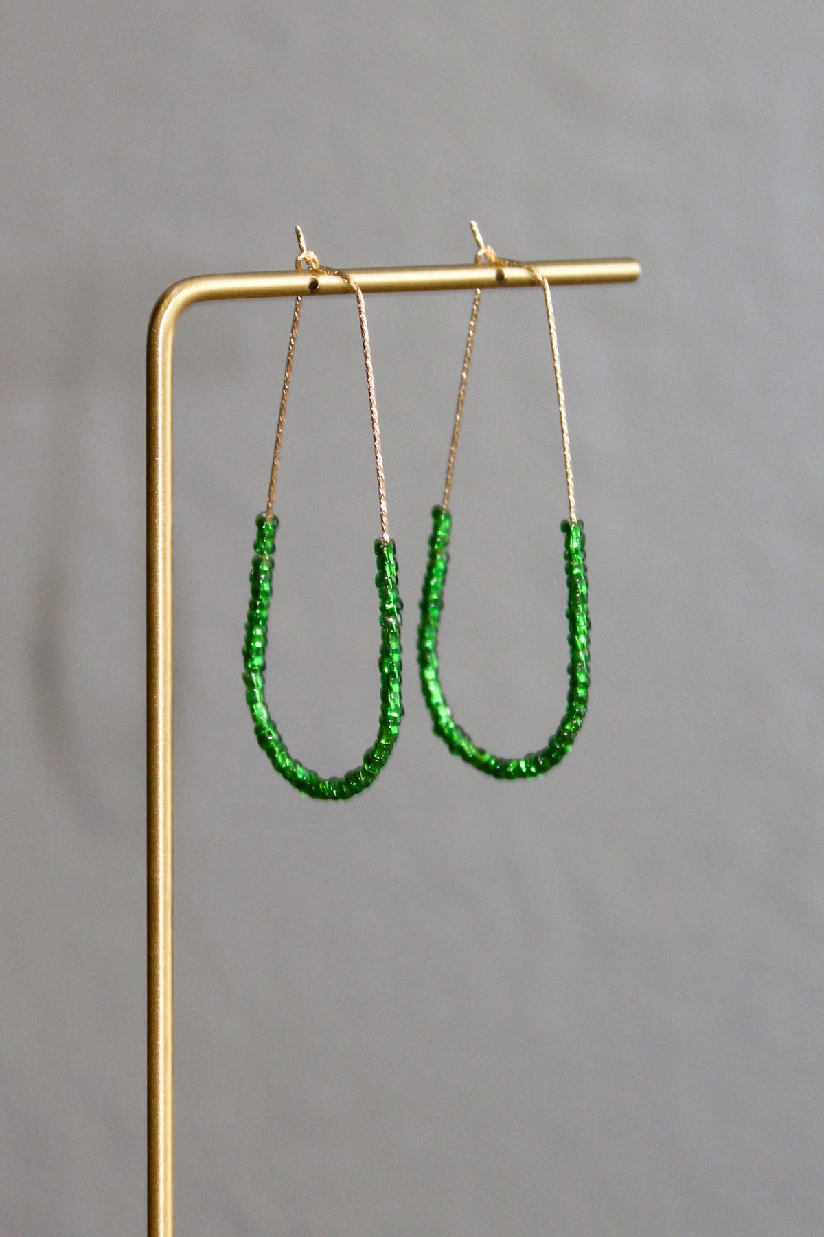 Grass Green Bead Sparkle Large Gold Teardrop Hoops
