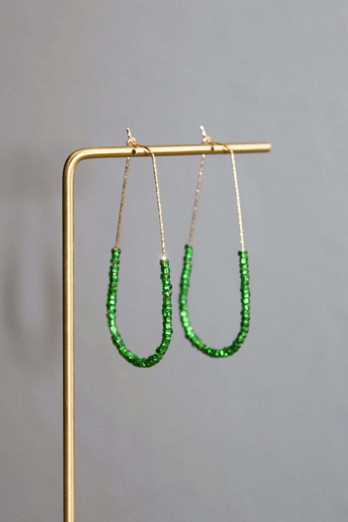 Grass Green Bead Sparkle Large Gold Teardrop Hoops