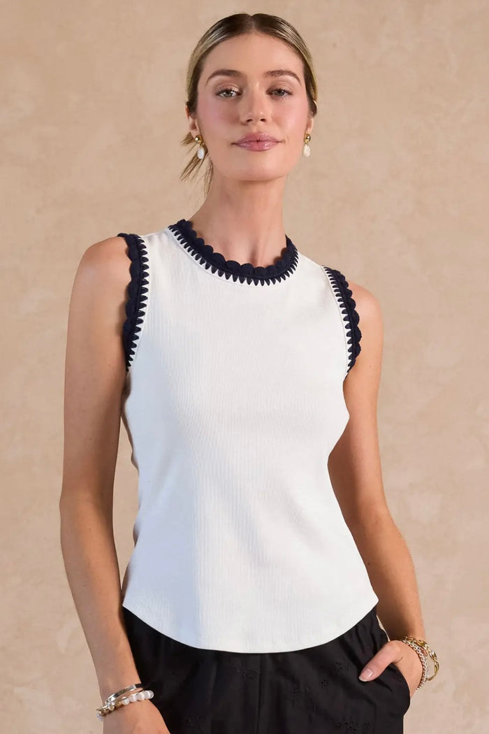 Ribbed Knit Navy Trim Tank Top