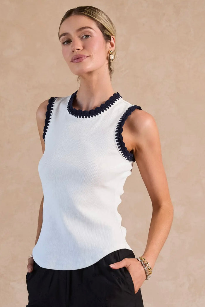 Ribbed Knit Navy Trim Tank Top