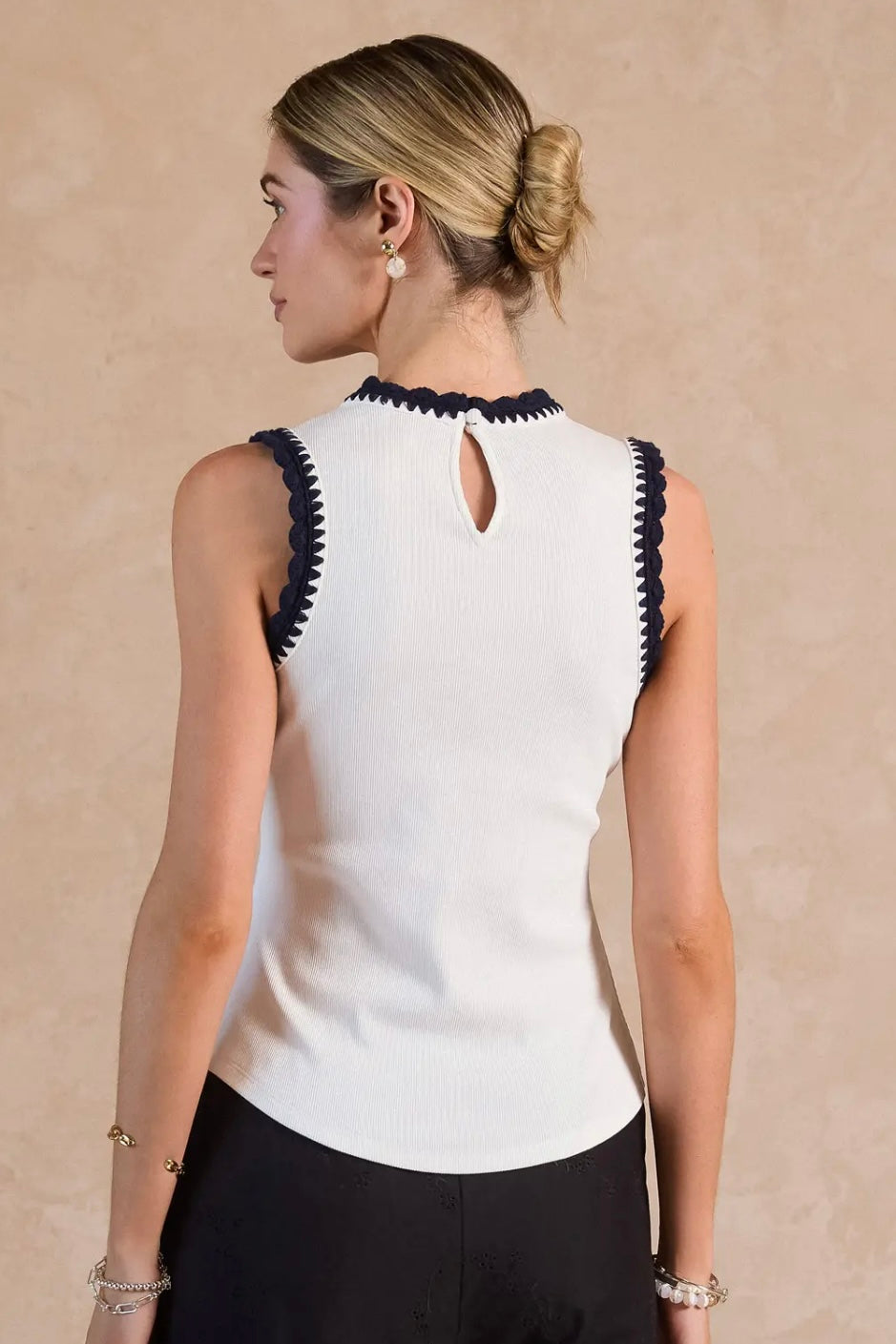 Ribbed Knit Navy Trim Tank Top