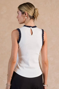 Ribbed Knit Navy Trim Tank Top