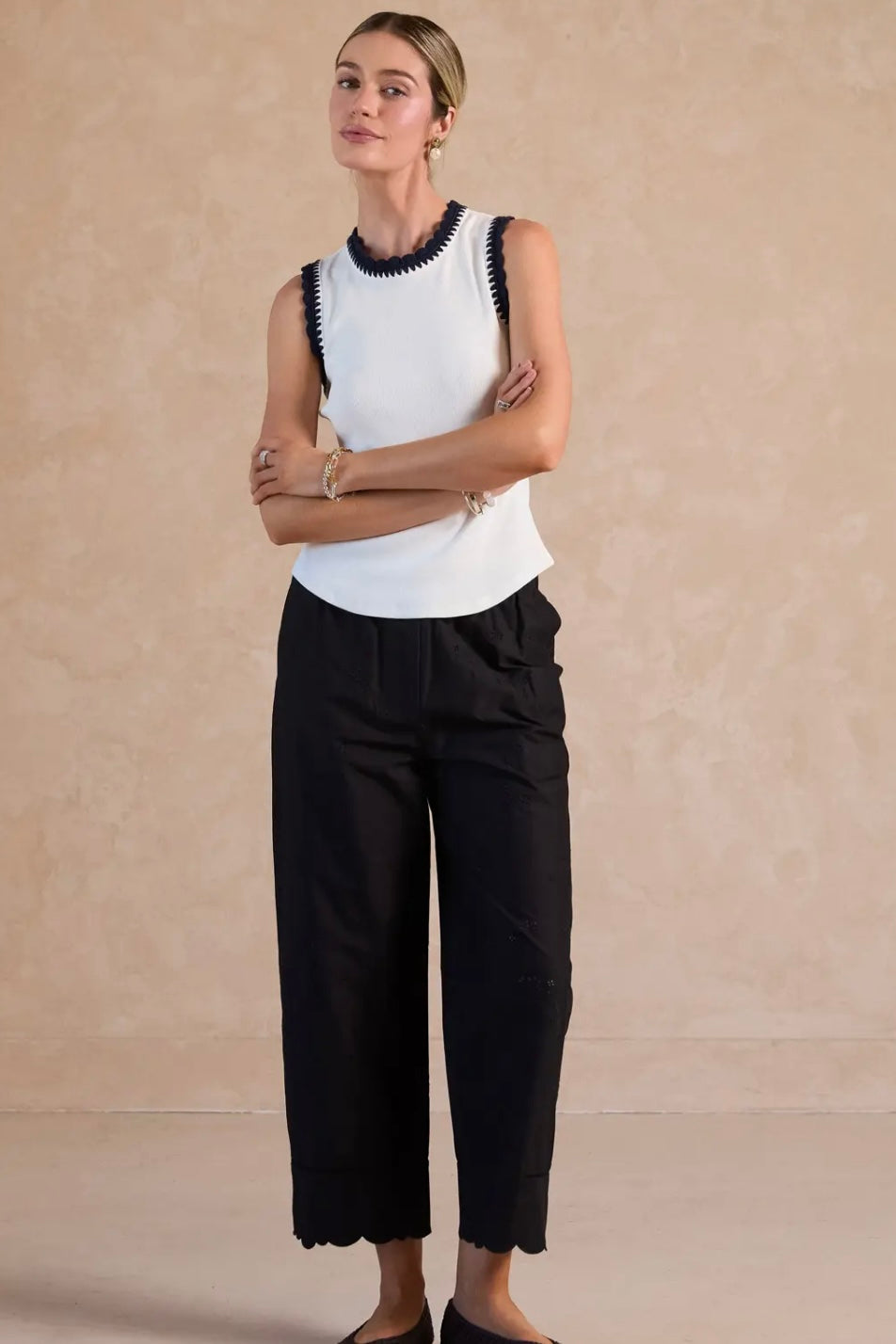 Ribbed Knit Navy Trim Tank Top
