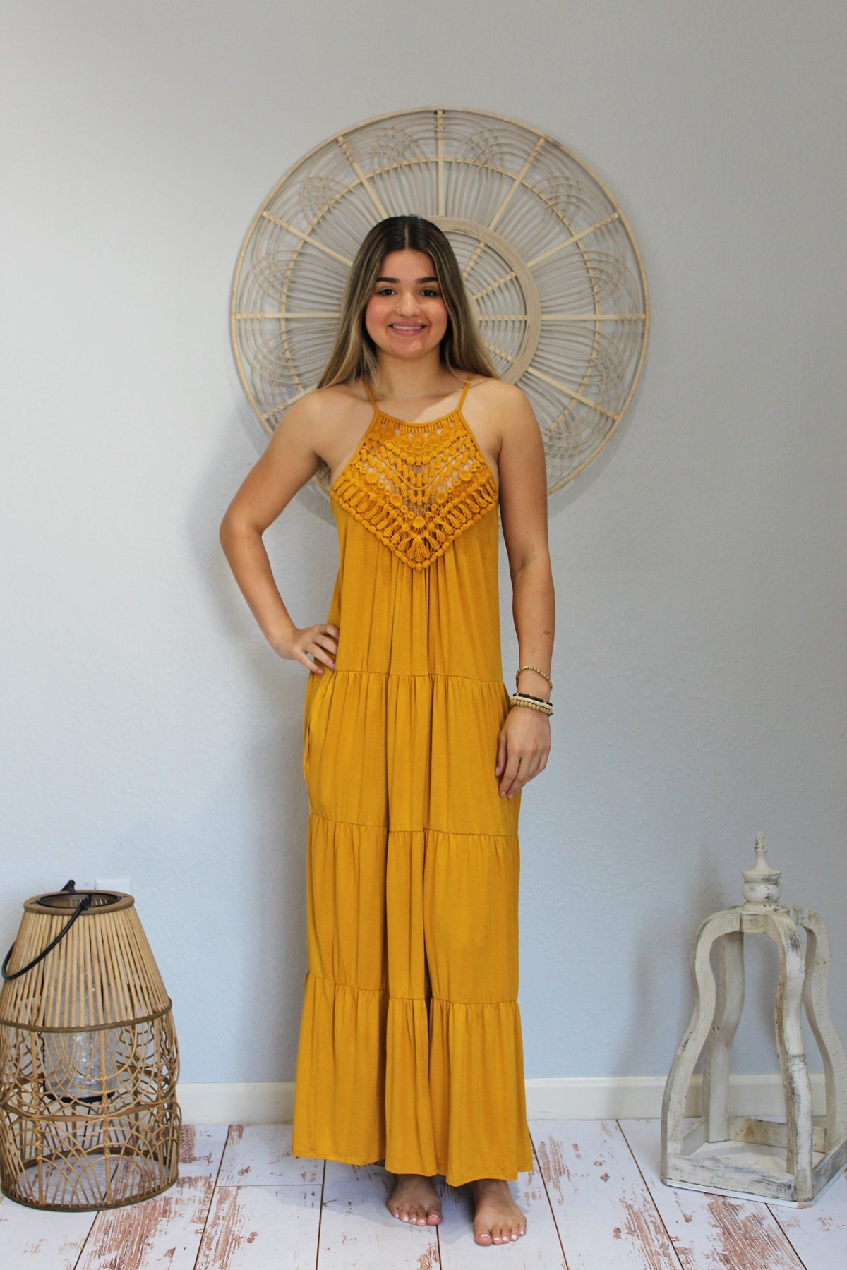 Mustard Boho Tiered Maxi Dress