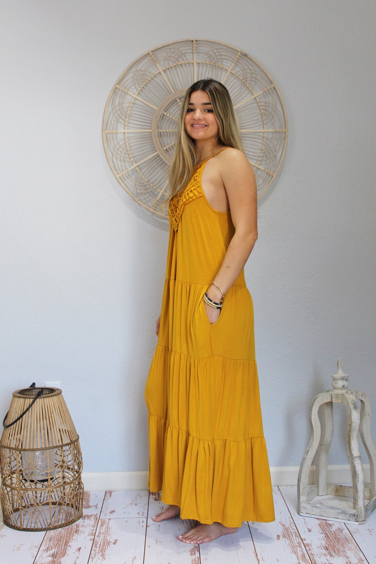 Mustard Boho Tiered Maxi Dress