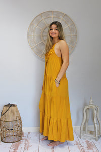 Mustard Boho Tiered Maxi Dress