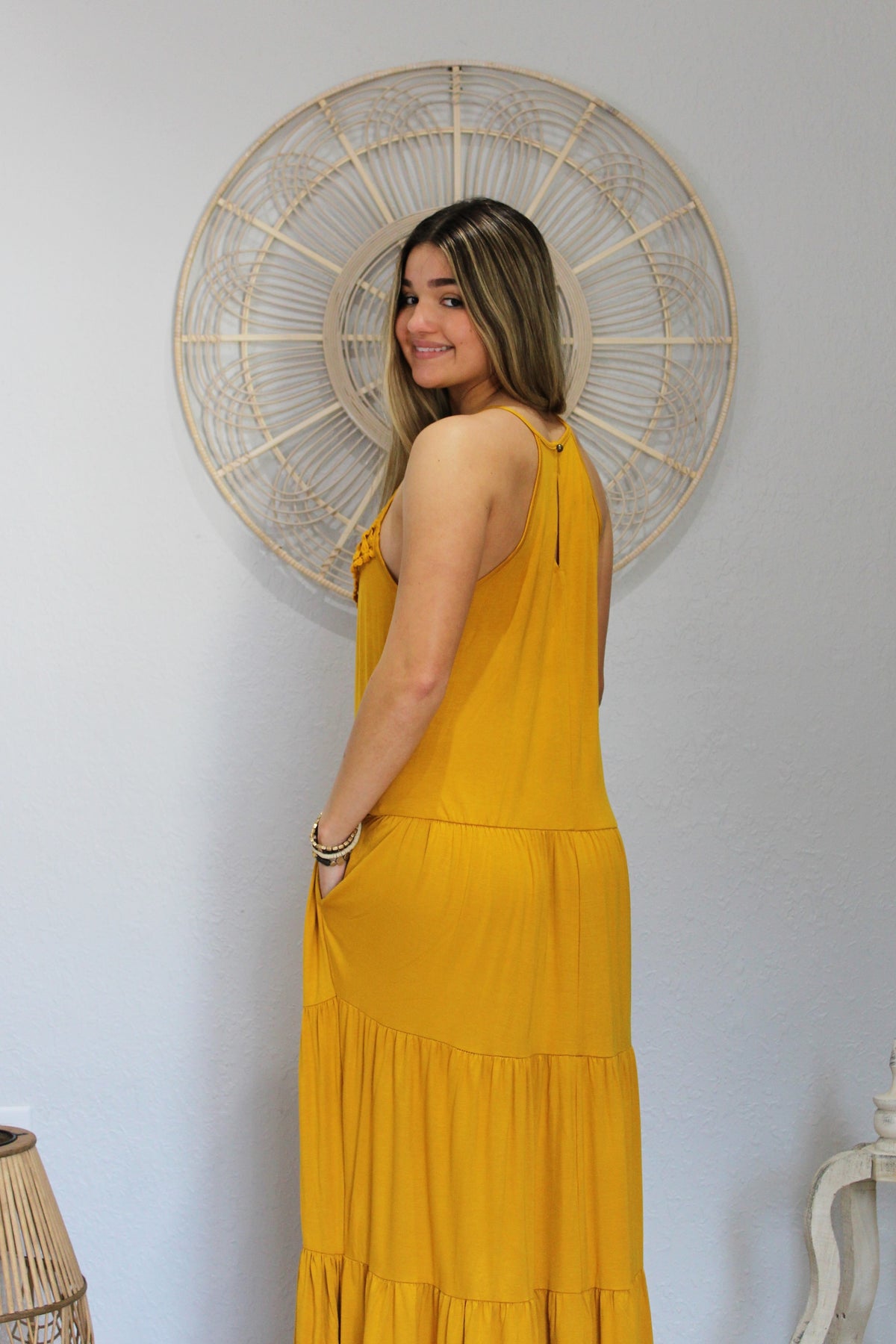 Mustard Boho Tiered Maxi Dress